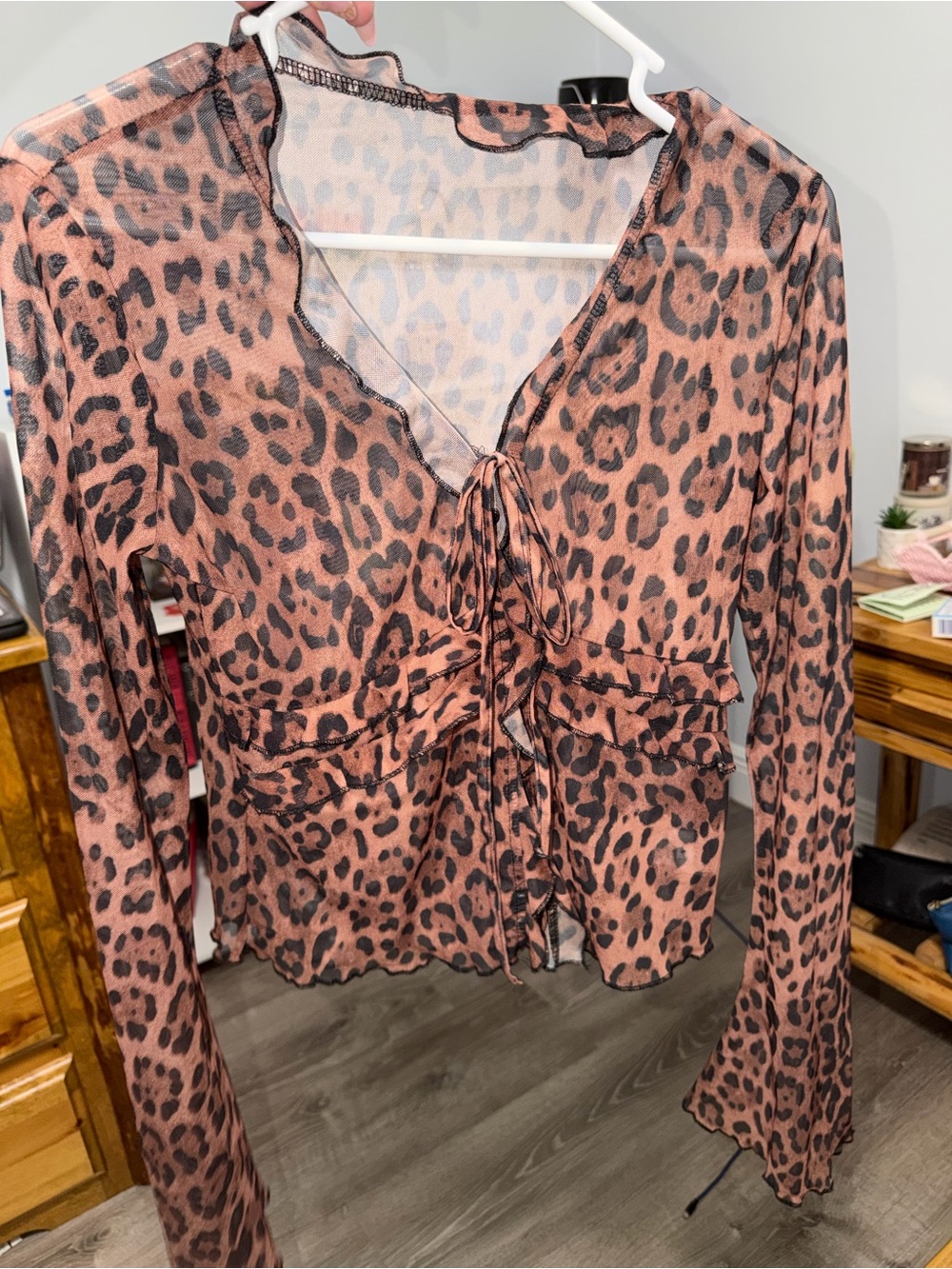 Leopard Print Tie-Front Women's Top - Pink/Brown